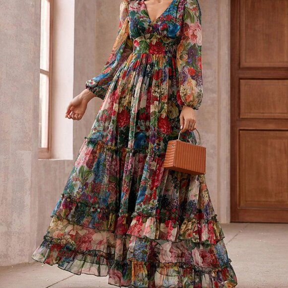 Multicolor Elegant Women's Floral Long Sleeve Frill Trim Maxi Dress - Picture 1 of 6